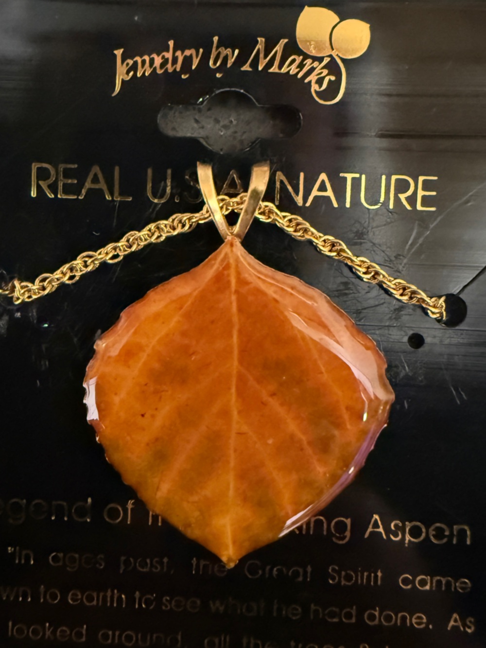24k Gold Plated Orange Aspen Leaf Necklace - Picture 2 of 5